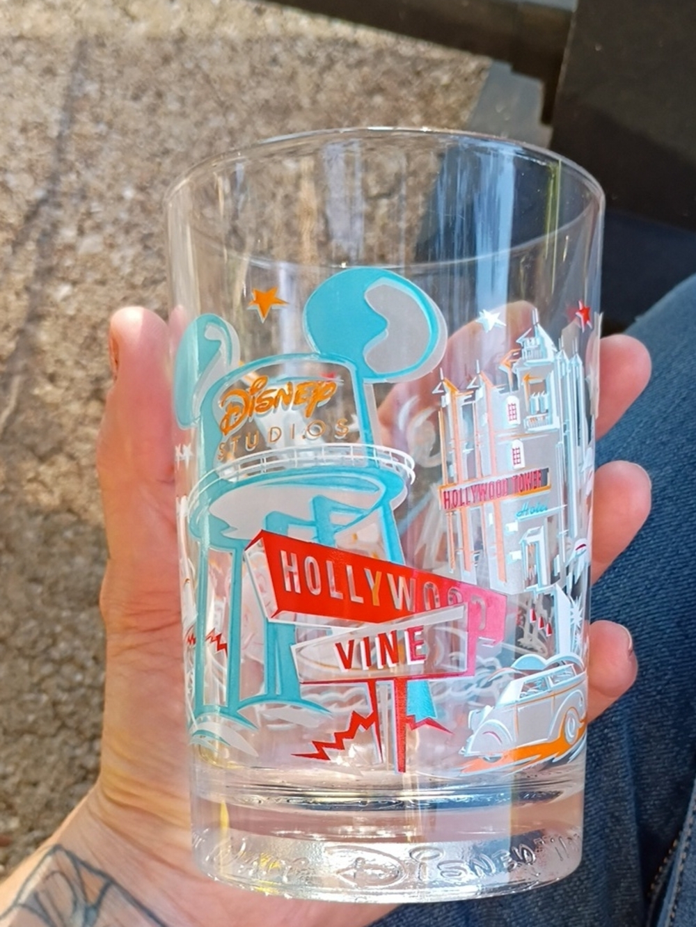 Disney Studios Clear Glass Tumbler with Turquoise, Red & Orange Hollywood Design